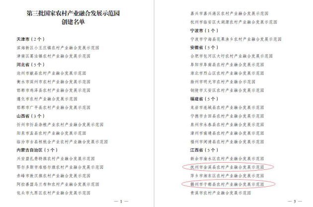 中欧网页版登录入口编制的金溪县、于都县农村产业融合发展示范园成功入选“第三批国家农村产业融合发展示范园”创建名单